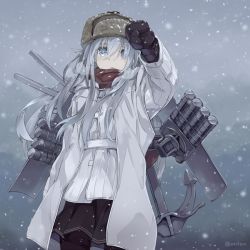 Rule 34 | 10s, 1girl, alternate costume, amagai tarou, blue eyes, coat, gloves, hat, hibiki (kancolle), kantai collection, machinery, pantyhose, russian clothes, scarf, silver hair, snow, solo, turret, verniy (kancolle), winter clothes, winter coat