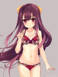 Rule 34 | 1girl, arm at side, bare arms, bare shoulders, blush, bow, bra, brown background, collarbone, cowboy shot, flat chest, hair bow, kamikaze (kancolle), kantai collection, lingerie, long hair, looking at viewer, navel, panties, parted lips, pink eyes, purple hair, red bra, red panties, shirokitsune, simple background, smile, solo, standing, stomach, tareme, thigh gap, twitter username, underwear, underwear only, very long hair, yellow bow