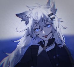 Rule 34 | 1girl, :p, ahoge, animal ear fluff, animal ears, arknights, black jacket, blue eyes, grey hair, hair between eyes, hair ornament, hairclip, highres, jacket, jewelry, lappland (arknights), lappland (refined horrormare) (arknights), long hair, looking at viewer, messy hair, necklace, official alternate costume, portrait, slit pupils, solo, straight-on, tongue, tongue out, traditional media, wolf ears, zhizhangsiyin