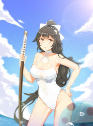 Rule 34 | 1girl, absurdres, azur lane, ball, beachball, black hair, blue sky, bokken, bow, brown eyes, casual one-piece swimsuit, cloud, contrapposto, cowboy shot, criss-cross halter, day, hair bow, hair flaps, hair ribbon, halterneck, highres, holding, holding sword, holding weapon, long hair, meng ge 3 (565571710), one-piece swimsuit, outdoors, ponytail, ribbon, sky, solo, standing, swimsuit, sword, takao (azur lane), takao (beach rhapsody) (azur lane), very long hair, weapon, white bow, white one-piece swimsuit, wooden sword