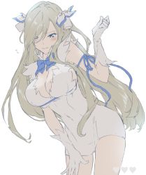 Rule 34 | 1girl, blue bow, blue bowtie, blue eyes, blue ribbon, blush, bow, bowtie, breasts, brown hair, cleavage, cosplay, dress, dungeon ni deai wo motomeru no wa machigatteiru darou ka, embarrassed, gloves, hair ribbon, hestia (danmachi), hestia (danmachi) (cosplay), large breasts, long hair, mottimotti, pencil dress, ribbon, short dress, solo, tales of (series), tales of the abyss, tear grants, white background, white gloves