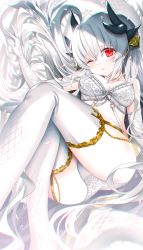 Rule 34 | 1girl, bra, breasts, dragon girl, dragon horns, elbow gloves, fate/grand order, fate (series), gloves, grey hair, highres, horns, kiyohime (fate), kiyohime (third ascension) (fate), long hair, medium breasts, morizono shiki, multiple horns, one eye closed, panties, red eyes, solo, thighhighs, underwear, underwear only, white bra, white gloves, white panties, white thighhighs