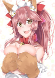 Rule 34 | 1girl, @ @, animal ears, animal hands, apron, bell, blush, bow, breast hold, breasts, cat hair ornament, cat paws, cleavage, collar, collarbone, fangs, fate/grand order, fate (series), fox ears, gloves, grabbing, grabbing another&#039;s breast, hair bow, hair ornament, hair ribbon, highres, jingle bell, kitajima yuuki, large breasts, long hair, looking at viewer, naked apron, neck bell, paw gloves, paw shoes, pink hair, ponytail, ribbon, shoes, solo, tamamo (fate), tamamo cat (fate), tamamo cat (third ascension) (fate), yellow eyes