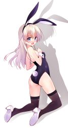 Rule 34 | 1girl, animal ears, ass, bare shoulders, black thighhighs, blue eyes, blush, breasts, covered erect nipples, eila ilmatar juutilainen, fake animal ears, fang, hayakawa harui, high heels, kneeling, leotard, long hair, looking at viewer, looking back, open mouth, playboy bunny, rabbit ears, rabbit tail, revision, shadow, shoe dangle, silver hair, simple background, small breasts, solo, strike witches, tail, thighhighs, white background, world witches series, wrist cuffs