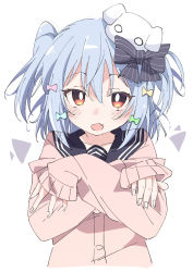 Rule 34 | 1boy, black bow, black sailor collar, blue bow, blue hair, bow, bright pupils, crossdressing, dog hair ornament, green bow, hair between eyes, hair bow, hair ornament, inuyama tamaki, ixy, light blue hair, long sleeves, looking at viewer, male focus, noripro, open mouth, orange eyes, original, pink bow, sailor collar, short hair, simple background, sleeves past wrists, smile, solo, striped, striped bow, trap, virtual youtuber, white background, white pupils, yellow bow