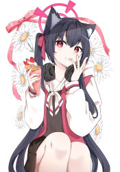 Rule 34 | 1girl, azisai, black hair, black skirt, blue archive, crepe, feet out of frame, flower, food, food on face, hair between eyes, halo, highres, holding, holding food, long hair, long sleeves, red eyes, red halo, serika (blue archive), skirt, solo, tongue, tongue out, twintails, white flower