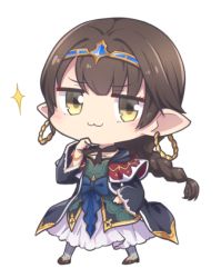 Rule 34 | 1girl, :3, braid, brown hair, character request, chibi, commentary request, diadem, earrings, full body, granblue fantasy, hand on own chin, harvin, hoop earrings, jewelry, long hair, looking at viewer, nogisaka kushio, pointy ears, robe, simple background, smug, solo, sparkle, transparent background, white background, wide sleeves, yellow eyes
