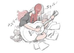 Rule 34 | 1girl, artist request, guitar, hair over one eye, headphones, instrument, long hair, multicolored hair, music, musical note, one piece, one piece film: red, playing instrument, red hair, smile, solo, two-tone hair, uta (one piece), white hair, wings