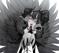 Rule 34 | 1girl, bad id, bad twitter id, colored sclera, commentary request, crying, dress, feathers, grey dress, hands on own face, hands up, highres, horns, long hair, long sleeves, looking at viewer, ohisashiburi, original, pantyhose, pointy ears, red sclera, silver hair, solo, squatting, tears, veil, white background, white eyes