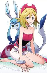 Rule 34 | 1girl, 1other, ameno (a meno0), bare shoulders, blonde hair, creatures (company), game freak, gen 4 pokemon, glaceon, grey eyes, hair ornament, irida (pokemon), japanese clothes, jewelry, kneeling, looking at viewer, neck ring, nintendo, pokemon, pokemon (creature), pokemon legends: arceus, thighs