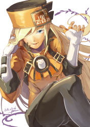 Rule 34 | 1girl, belt, black pantyhose, blonde hair, blue eyes, dated, elbow gloves, fingerless gloves, gloves, guilty gear, guilty gear xrd, hair over one eye, hat, long hair, looking at viewer, millia rage, pantyhose, signature, solo, white gloves, yora