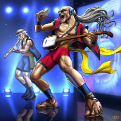 Rule 34 | 2boys, beard, facial hair, flute, headband, headphones, instrument, male focus, manly, matataku, microphone, multiple boys, muscular, mustache, old, old man, open clothes, open mouth, open shirt, playing instrument, plectrum, ponytail, reflection, sandals, sash, screen, shakuhachi, shamisen, shirt, shorts, stage, sunglasses, white hair, wrinkled skin