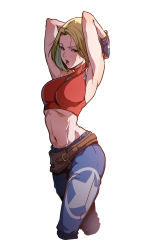 Rule 34 | 1girl, absurdres, armpits, arms behind head, arms up, baggy pants, belt, belt skirt, blonde hair, blouse, blue eyes, blue mary, bob cut, breasts, cowboy shot, crop top, cropped legs, fatal fury, fingerless gloves, forehead, from side, gloves, highres, honeyboy, jewelry, large breasts, linea alba, looking at viewer, loose belt, medium hair, midriff, navel, necklace, open mouth, pants, red shirt, shirt, simple background, sleeveless, solo, star (symbol), straight hair, the king of fighters, the king of fighters xv, tongue, tongue out, turtleneck, white background