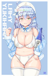 Rule 34 | 1girl, absurdres, ahoge, bare shoulders, blue hair, bottle, breasts, character name, cleavage, commentary request, elf, flower, hair flower, hair ornament, half updo, hat, heart, heart ahoge, highres, hololive, large breasts, long hair, looking at viewer, navel, off shoulder, plump, pointy ears, sake bottle, solo, teeth, thighhighs, thighs, tong shui, underwear, upper teeth only, virtual youtuber, white hat, white thighhighs, yellow eyes, yukihana lamy