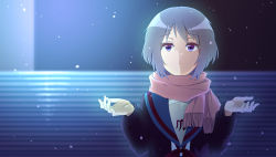 Rule 34 | 1girl, alternate eye color, blue sailor collar, blue skirt, brown cardigan, cardigan, commentary request, expressionless, hands up, highres, kita high school uniform, long sleeves, looking up, nagato yuki, night, nikkezyoruno, open cardigan, open clothes, pink scarf, purple eyes, purple hair, red ribbon, ribbon, sailor collar, scarf, school uniform, serafuku, short hair, skirt, snow, solo, suzumiya haruhi no shoushitsu, suzumiya haruhi no yuuutsu, upper body