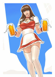 Rule 34 | 1girl, alcohol, apron, bad id, bad pixiv id, barmaid, beer, beer mug, blue eyes, breasts, brown hair, choker, cleavage, cup, dead or alive, dirndl, european clothes, german clothes, hairband, hitomi (doa), large breasts, long hair, mug, odango (inka), smile, solo, tecmo, thighhighs, white thighhighs, zettai ryouiki