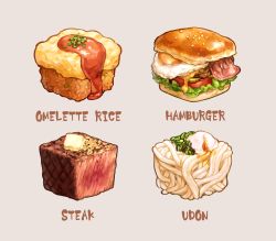 Rule 34 | bacon, burger, butter, cheese, cube, egg (food), english text, food, food focus, fried egg, fried rice, grey background, highres, ketchup, no humans, noodles, omelet, omurice, original, saino misaki, salad, simple background, steak, tomato, udon