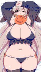 Rule 34 | 1girl, armpits, arms up, bikini, bow, breasts, brown eyes, brown hair, cleavage, covered erect nipples, curvy, detached sleeves, frilled bikini, frills, from above, grey hair, groin, hair ornament, hairclip, highres, huge breasts, kemono friends, long hair, looking at viewer, lying, mamiyama, multicolored hair, navel, on back, one eye closed, scarf, shiny skin, skindentation, solo, steller&#039;s sea lion (kemono friends), stomach, swimsuit, thick thighs, thigh gap, thighhighs, thighs, very long hair, white hair, wide hips