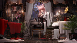 Rule 34 | 1girl, absurdres, alcohol, animal ears, arknights, black pantyhose, book, breasts, candle, candlestand, chair, cleavage, crossed legs, cup, drinking glass, flower, hairband, highres, holding, holding notebook, lamp, ling dianxia, long hair, looking at viewer, medium breasts, notebook, open book, pantyhose, parted lips, phonograph, pink eyes, pink hair, plant, portrait (object), potted plant, pozyomka (arknights), pozyomka (snowy plains in words) (arknights), sitting, table, typewriter, wine, wine glass