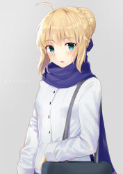 Rule 34 | 1girl, ahoge, arm at side, arm rest, artist name, artoria pendragon (all), artoria pendragon (fate), bag, blonde hair, blue ribbon, blue scarf, blush, coat, fate/stay night, fate (series), green eyes, grey background, hair bun, hair ribbon, highres, huidare, long sleeves, looking at viewer, official alternate costume, parted lips, ribbon, saber (fate), scarf, shoulder bag, sidelocks, simple background, single hair bun, sleeves past wrists, solo, tareme, upper body, white coat, winter clothes, winter coat