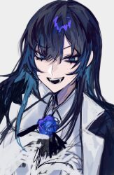 Rule 34 | 1girl, ado (utaite), black jacket, blue eyes, blue flower, blue hair, blue rose, chando (ado), cloud nine inc, collared shirt, commentary, flower, flower brooch, hair between eyes, hashtag-only commentary, highres, jacket, long hair, looking at viewer, mole, mole under eye, open mouth, rose, shirt, sidelocks, simple background, solo, teeth, upper body, utaite, wahahafufuhehe, white background, white shirt