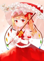 Rule 34 | 1girl, absurdres, arms up, blonde hair, cherry blossoms, commentary request, cowboy shot, crystal, flandre scarlet, gradient background, hair ribbon, hat, highres, holding, holding umbrella, looking at viewer, mob cap, nail polish, pink background, puffy short sleeves, puffy sleeves, red eyes, red nails, red ribbon, red skirt, red vest, ribbon, sakizaki saki-p, shirt, short hair, short sleeves, side ponytail, skirt, smile, solo, standing, swept bangs, touhou, twig, umbrella, vest, white hat, white shirt, wings, wrist cuffs, yellow neckwear, yellow ribbon