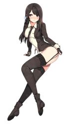 Rule 34 | 1girl, black eyes, black gloves, black hair, black thighhighs, blazer, boots, breasts, closed mouth, earrings, fingerless gloves, from side, full body, garter straps, gloves, highres, jacket, jewelry, long hair, long sleeves, looking away, malpoi, medium breasts, necktie, no pants, sidelocks, simple background, smile, solo, swept bangs, thighhighs, white background