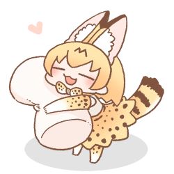 Rule 34 | 1girl, :3, = =, ^ ^, animal ear fluff, animal ears, animal print, bad id, bad twitter id, bow, bowtie, chibi, closed eyes, elbow gloves, extra ears, facing viewer, food, from side, full body, gloves, heart, inukoro (spa), kemono friends, lowres, marshmallow, mini person, minigirl, no nose, hugging object, orange hair, print bow, print bowtie, print gloves, print legwear, print neckwear, print skirt, serval (kemono friends), serval print, serval tail, short hair, simple background, skirt, smile, solo, standing, striped tail, tail, traditional bowtie, white background