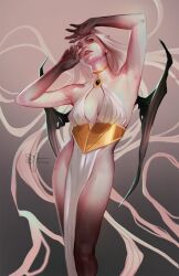 Rule 34 | 1girl, artist name, bare shoulders, bat wings, black wings, breasts, cleavage, commentary, demon girl, dress, english commentary, gradient background, highres, long hair, looking up, no panties, original, parted lips, pelvic curtain, signature, sleeveless, sleeveless dress, solo, standing, sylessae, toga, very long hair, white hair, wings