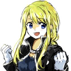 Rule 34 | 1girl, :d, black jacket, blonde hair, blue eyes, blue shirt, breasts, clenched hands, close-up, cosplay, edward elric, edward elric (cosplay), female focus, fullmetal alchemist, gloves, happy, jacket, long hair, looking at viewer, lowres, open mouth, shaded face, shirt, simple background, smile, solo, tsukuda0310, upper body, white background, white gloves, winry rockbell