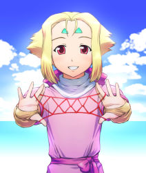 Rule 34 | 1girl, blonde hair, blush, bridal gauntlets, cat&#039;s cradle, cloud, day, facial mark, female focus, fiona (zoids), flat chest, forehead mark, hair ribbon, outdoors, red eyes, ribbon, sash, short hair, sky, smile, solo, standing, turtleneck, ueyama michirou, water, zoids, zoids chaotic century