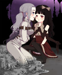 Rule 34 | 2girls, black hair, blue eyes, blush, elbow gloves, extra arms, fang, freckles, gloves, long hair, m no hito, multiple girls, pantyhose, personification, red eyes, silver hair, straitjacket, yuri