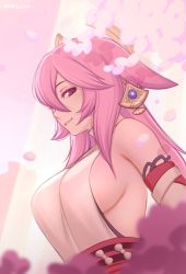 Rule 34 | 1girl, animal ears, breasts, cherry blossoms, closed mouth, earrings, genshin impact, highres, jewelry, long hair, looking at viewer, medium breasts, obi, pink eyes, pink hair, red sash, sash, shellvi, sideboob, smile, solo, upper body, yae miko