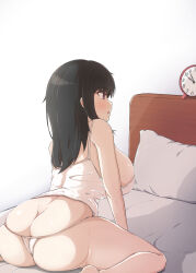 Rule 34 | 1girl, alarm clock, ass, back, bare legs, barefoot, bed, black hair, breasts, brown eyes, butt crack, camisole, clock, commentary request, feet, foot out of frame, highres, large breasts, long hair, on bed, open mouth, original, panties, pillow, sideboob, simple background, sitting, solo, thick thighs, thighs, thong, tsurukusa ponzu, underwear, wariza, white camisole, white panties
