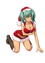 Rule 34 | 1girl, boots, breasts, cleavage, collarbone, full body, green eyes, green hair, hat, highres, ikkitousen, kneeling, large breasts, looking at viewer, matching hair/eyes, navel, red hat, ryofu housen, santa costume, santa hat, shiny skin, simple background, smile, solo, white background