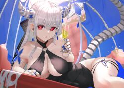 Rule 34 | 1girl, absurdres, alcohol, black dress, black ribbon, blue flower, blue nails, breasts, champagne flute, cleavage, commission, cup, demon girl, demon horns, demon tail, demon wings, dress, drinking glass, earrings, flower, grey hair, hair horns, hair ribbon, heart, heart-shaped pupils, highres, horn flower, horn ornament, horns, jewelry, large breasts, leg ribbon, long hair, multiple rings, o-ring, original, parted lips, pink pupils, red eyes, ribbon, ring, rushian, skeb commission, sleeveless, sleeveless dress, solo, symbol-shaped pupils, tail, teardrop earrings, thigh ribbon, wings