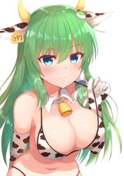 Rule 34 | animal ears, animal print, arm behind back, bell, bikini, blue eyes, bra, breasts, cleavage, closed mouth, cow ears, cow horns, cow print, detached collar, ear tag, elbow gloves, fake animal ears, gloves, green hair, hair between eyes, highres, holding, holding bra, holding clothes, holding underwear, horns, kochiya sanae, large breasts, long hair, looking at viewer, navel, simple background, smile, solo, standing, swimsuit, tksand, touhou, underwear, upper body, white background
