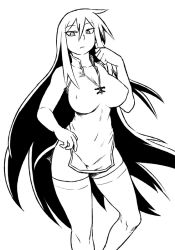 Rule 34 | 1girl, breasts, character request, china dress, chinese clothes, dress, covered erect nipples, female focus, greyscale, large breasts, long hair, monochrome, short dress, side slit, sleeveless, sleeveless dress, solo, thighhighs, tsukudani (coke-buta), tsurime, very long hair