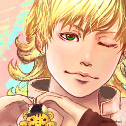 Rule 34 | 10s, 1boy, bad id, bad pixiv id, barnaby brooks jr., blonde hair, cabbie hat, close-up, green eyes, hat, heart, heart hands, lips, mahoro1989, male focus, no eyewear, one eye closed, short hair, signature, solo, tiger, tiger &amp; bunny, wink