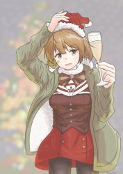 Rule 34 | 1girl, aaoi, bandaid, bandaid on cheek, bandaid on face, black pantyhose, breasts, brown eyes, brown hair, coat, cup, doll, drinking glass, fur-trimmed headwear, fur trim, green coat, hat, highres, holding, holding doll, kantai collection, long sleeves, medium breasts, oboro (kancolle), official alternate costume, pantyhose, red hat, red skirt, santa hat, short hair, skirt, solo
