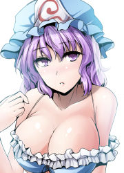 Rule 34 | 1girl, adapted costume, bare shoulders, bikini, breasts, cleavage, collarbone, commentary request, frilled bikini, frills, hat, highres, large breasts, light purple hair, looking at viewer, mob cap, parted lips, purple eyes, saigyouji yuyuko, short hair, solo, swimsuit, touhou, triangular headpiece, upper body, y2