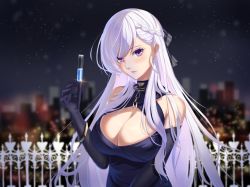 Rule 34 | 1girl, azur lane, bare shoulders, belfast (azur lane), belfast (the noble attendant) (azur lane), black bow, bow, braid, breasts, chain, chain, champagne flute, cleavage, cleavage cutout, clothing cutout, criss-cross halter, cup, dress, drinking glass, elbow gloves, evening gown, french braid, gloves, gold, gold chain, halter dress, halterneck, large breasts, light purple hair, looking at viewer, marumai, night, official alternate costume, purple dress, purple eyes, purple gloves, sleeveless, sleeveless dress, solo