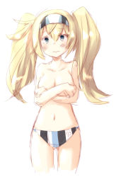 Rule 34 | 1girl, bikini, bikini bottom only, blonde hair, blue eyes, blush, breast hold, breasts, casablanca class escort carrier, commentary request, covering privates, covering breasts, embarrassed, gambier bay (kancolle), hair between eyes, hair ornament, highres, kantai collection, large breasts, long hair, personification, rits (single type), simple background, solo, swimsuit, twintails