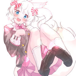 Rule 34 | 1girl, :d, animal ears, black footwear, black jacket, blazer, blue eyes, blush, bow, collared shirt, diagonal stripes, hair between eyes, hair bow, hands up, head tilt, highres, howan (show by rock!!), jacket, long hair, nyama, open mouth, panties, pink bow, pink skirt, pleated skirt, school uniform, shirt, shoe soles, shoes, short eyebrows, show by rock!!, side ponytail, simple background, skirt, smile, socks, solo, striped, tail, teeth, thick eyebrows, underwear, upper teeth only, white background, white hair, white panties, white shirt, white socks