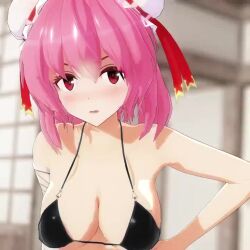 Rule 34 | 1girl, 3d, animated, bikini, blush, breasts, cleavage, ibaraki kasen, large breasts, looking at viewer, mofumoko5, pink hair, red eyes, solo, swimsuit, tagme, thighs, touhou, upper body, video