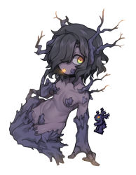 Rule 34 | 1girl, black hair, branch, breasts, crotch plate, dark skin, hair over one eye, looking at viewer, monster girl, navel, nyong nyong, one eye covered, orange eyes, personification, plant girl, reference inset, seiza, short hair, sitting, small breasts, solo, splinterling, stomach, terraria, wood