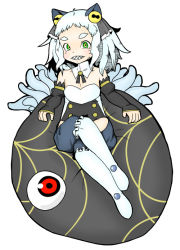 Rule 34 | 1girl, bare shoulders, breasts, buraninn, chaos code, cthylla (chaos code), detached collar, detached sleeves, eyeball, green eyes, grin, crossed legs, multicolored eyes, over-kneehighs, sharp teeth, silver hair, sitting, small breasts, smile, solo, teeth, thighhighs, yellow eyes