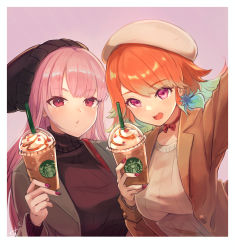 Rule 34 | absurdres, alternate costume, cup, disposable cup, drinking straw, earrings, feather earrings, feathers, frappuccino, gradient hair, hair down, highres, holding, holding cup, hololive, hololive english, jewelry, juse (simasmasi), mori calliope, multicolored hair, orange hair, pink hair, product placement, selfie, starbucks, takanashi kiara, virtual youtuber, yuri
