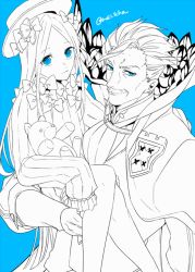 Rule 34 | 1boy, 1girl, 2f sq, abigail williams (fate), blue background, blue eyes, bow, cape, closed mouth, dress, facial hair, fate/grand order, fate (series), forehead, hair bow, hat, james moriarty (archer) (fate), long hair, long sleeves, looking at viewer, monochrome, mustache, parted bangs, shirt, sitting, sitting on arm, sleeves past fingers, sleeves past wrists, spot color, stuffed animal, stuffed toy, teddy bear, twitter username, very long hair