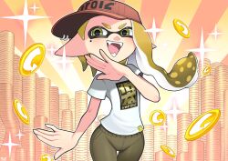 Rule 34 | 1girl, :d, absurdres, arrow (symbol), artist name, asymmetrical hair, blonde hair, blush, coin, commentary request, cowboy shot, fangs, floating hair, gradient hair, green eyes, green pants, hand up, hat, highres, inkling, inkling girl, inkling player character, kellymae, long hair, looking at viewer, mole, mole under eye, multicolored hair, nintendo, open mouth, orange background, pants, pierced hat, pointy ears, print shirt, red hat, shirt, short sleeves, sideways hat, simple background, smile, solo, sparkle, splatoon (series), stack of coins, standing, sunburst, sunburst background, t-shirt, teeth, tentacles, tongue, v-shaped eyebrows, visor cap, white shirt, yellow background
